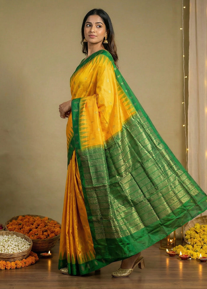 Yellow Handloom Bomkai Pure Silk Saree With Blouse Piece