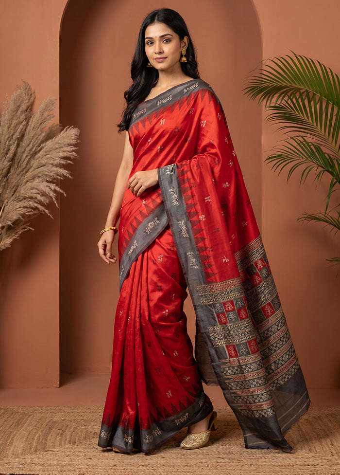 Red Handloom Bomkai Pure Silk Saree With Blouse Piece