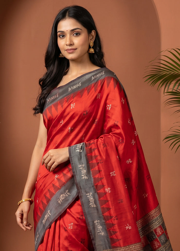 Red Handloom Bomkai Pure Silk Saree With Blouse Piece