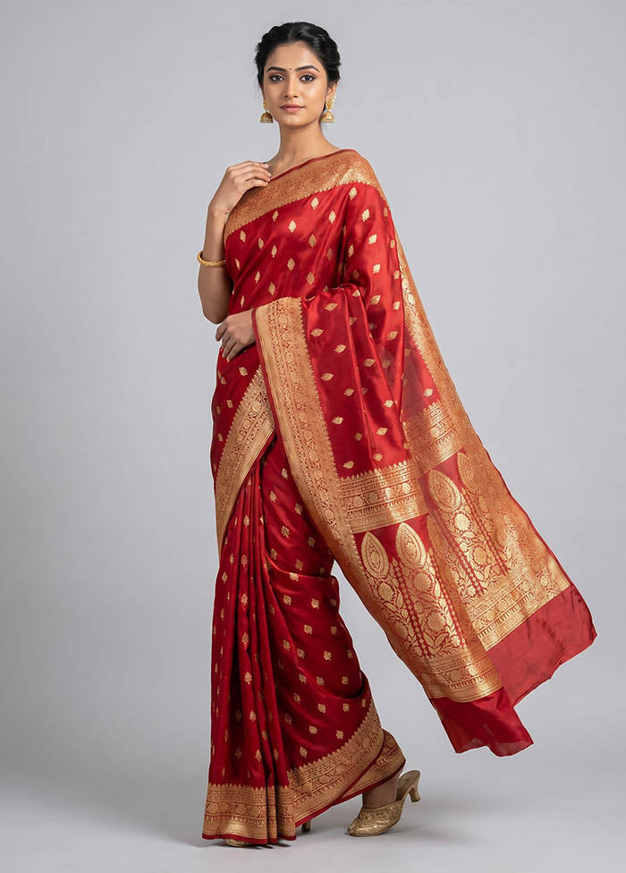 Red Handloom Banarasi Pure Silk Saree With Blouse Piece