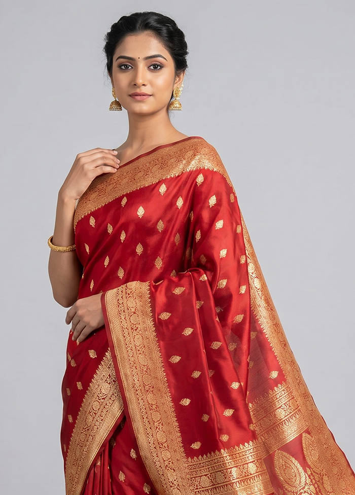 Red Handloom Banarasi Pure Silk Saree With Blouse Piece