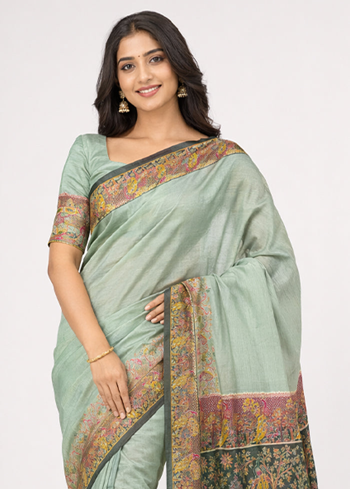 Green Dupion Silk Saree With Blouse Piece
