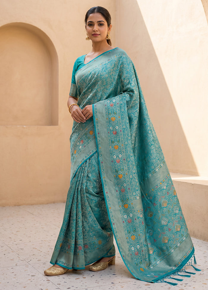 Blue Dupion Silk Saree With Blouse Piece