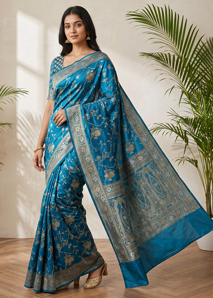 Blue Dupion Silk Saree With Blouse Piece