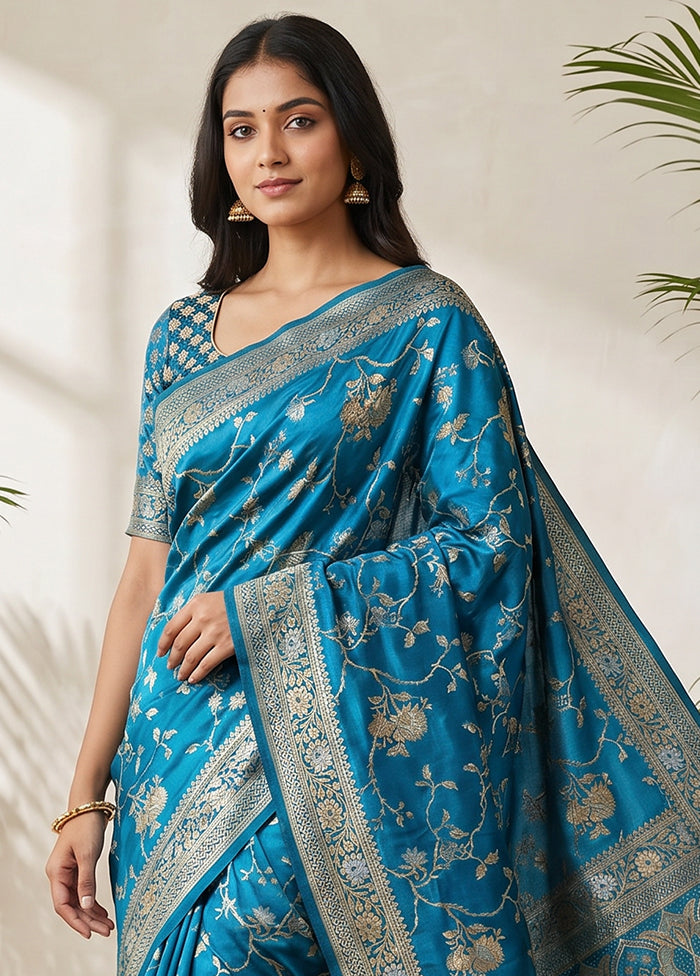Blue Dupion Silk Saree With Blouse Piece