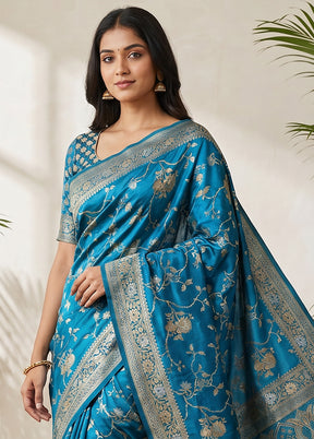 Blue Dupion Silk Saree With Blouse Piece