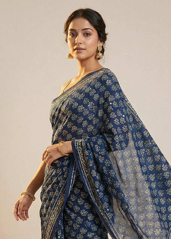 Blue Printed Silk Saree Without Blouse Piece
