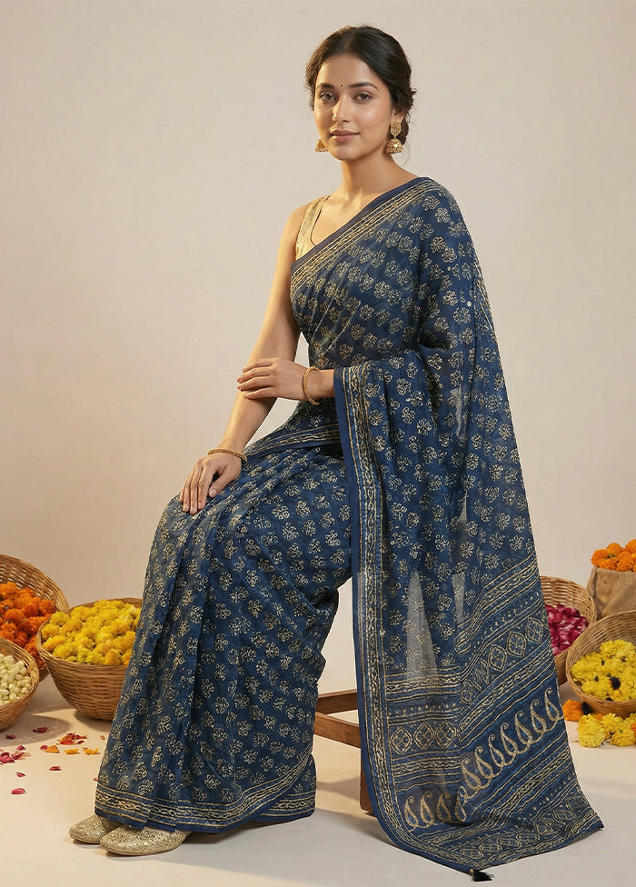 Blue Printed Silk Saree Without Blouse Piece