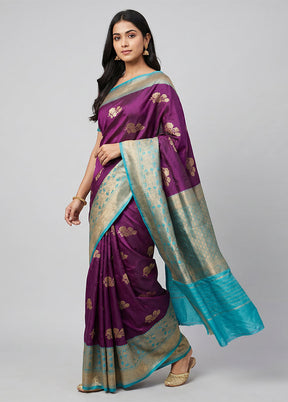 Purple Handloom Katan Pure Silk Saree With Blouse Piece