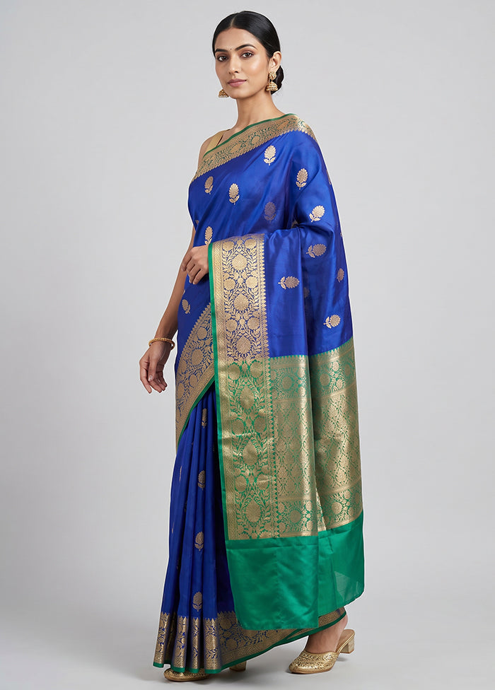 Blue Handloom Katan Pure Silk Saree With Blouse Piece