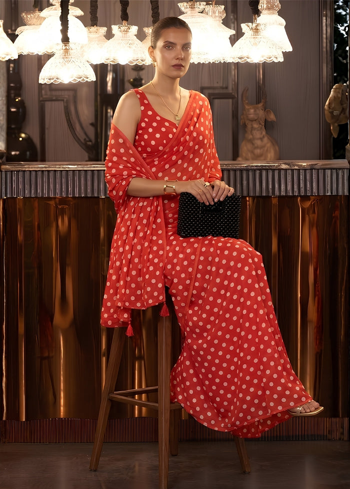 Red Printed Silk Saree Without Blouse Piece