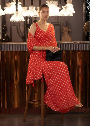 Red Printed Silk Saree Without Blouse Piece