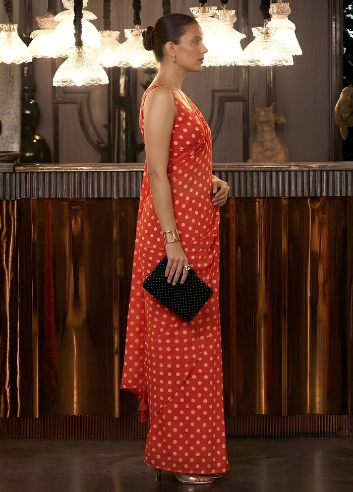 Red Printed Silk Saree Without Blouse Piece