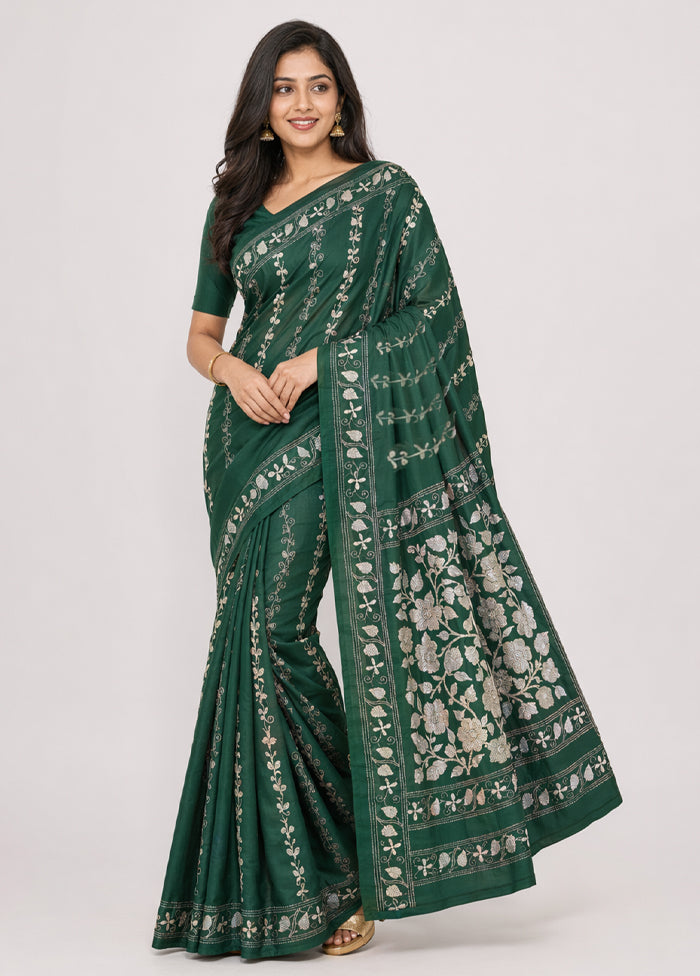 Green Kantha Stitch Silk Saree With Blouse Piece