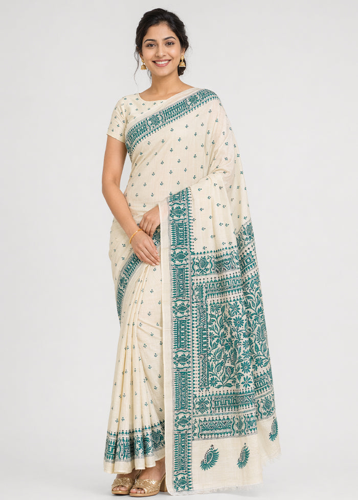 White Handloom Kantha Stitch Pure Silk Saree With Blouse Piece