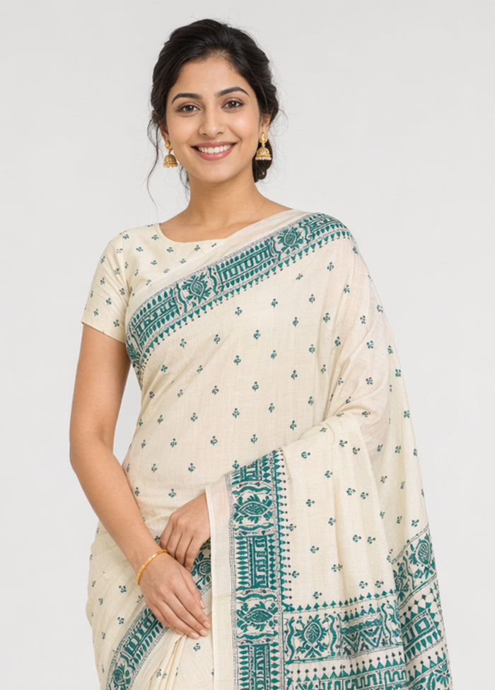 White Handloom Kantha Stitch Pure Silk Saree With Blouse Piece