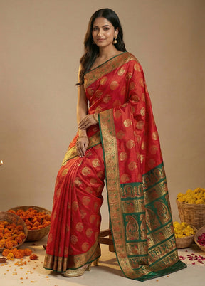 Red Baluchari Silk Saree With Blouse Piece