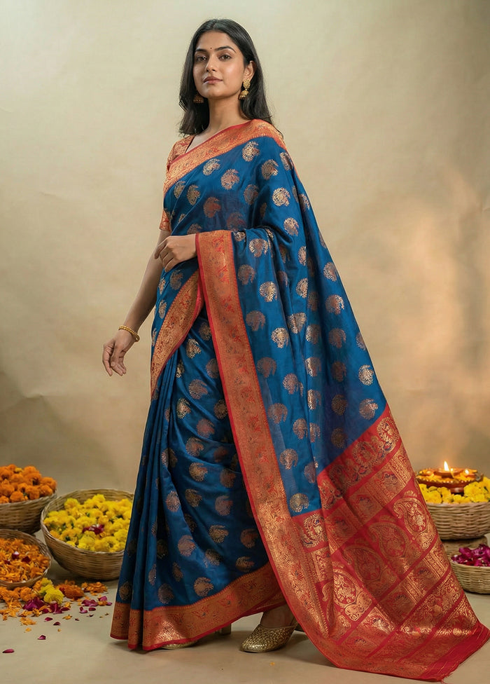 Blue Baluchari Silk Saree With Blouse Piece