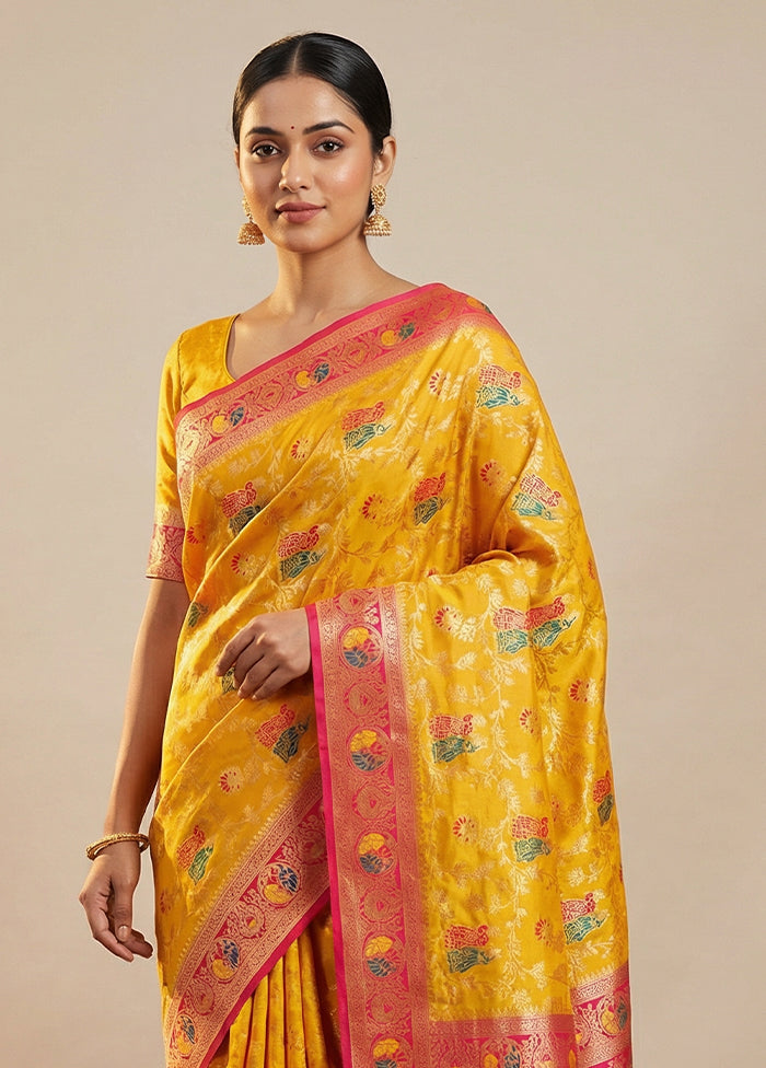 Yellow Dupion Silk Saree With Blouse Piece