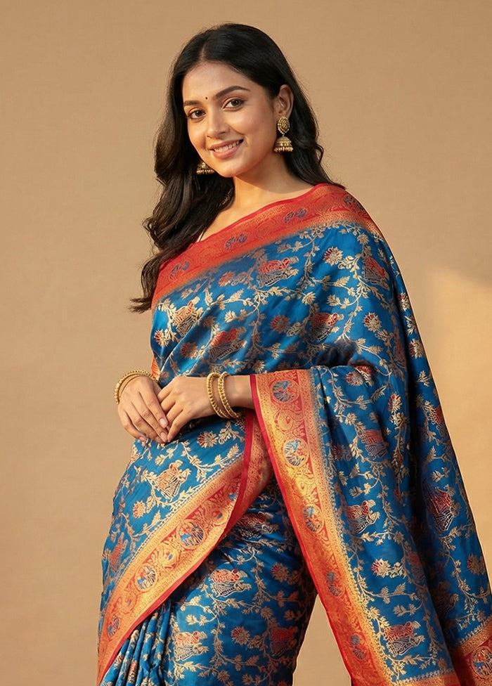 Blue Dupion Silk Saree With Blouse Piece