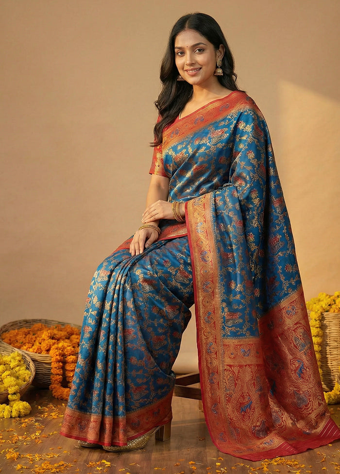 Blue Dupion Silk Saree With Blouse Piece