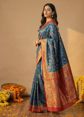 Blue Dupion Silk Saree With Blouse Piece