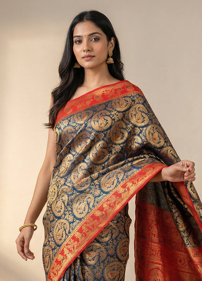 Blue Baluchari Silk Saree With Blouse Piece