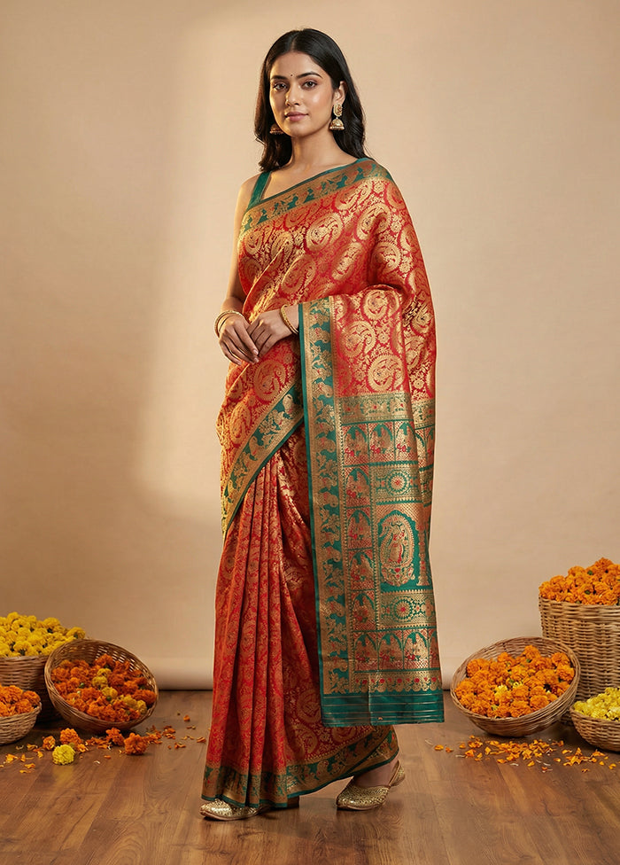 Red Baluchari Silk Saree With Blouse Piece