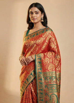 Red Baluchari Silk Saree With Blouse Piece