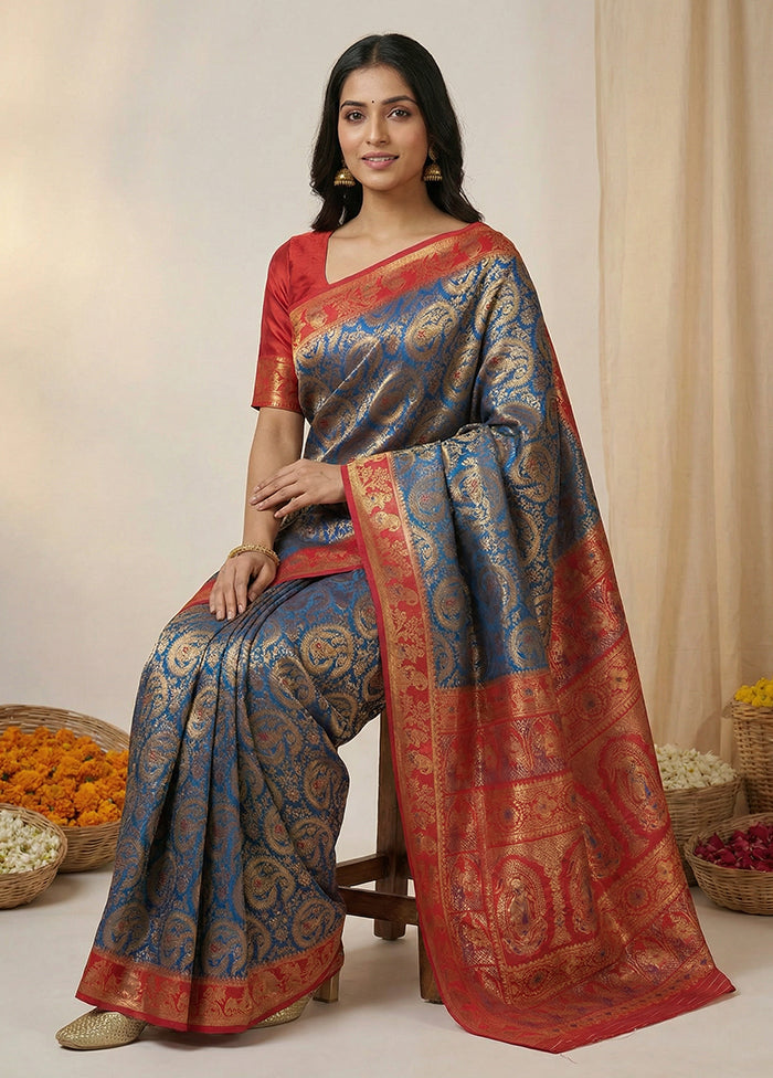 Blue Dupion Silk Saree With Blouse Piece