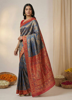 Blue Dupion Silk Saree With Blouse Piece