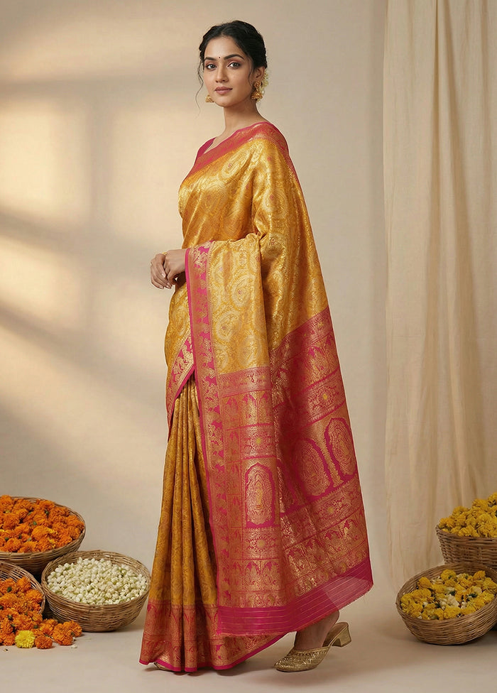 Yellow Baluchari Silk Saree With Blouse Piece