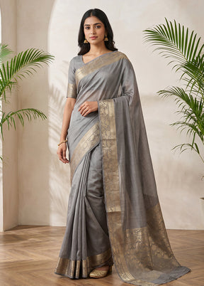 Grey Handloom Dupion Pure Silk Saree With Blouse Piece