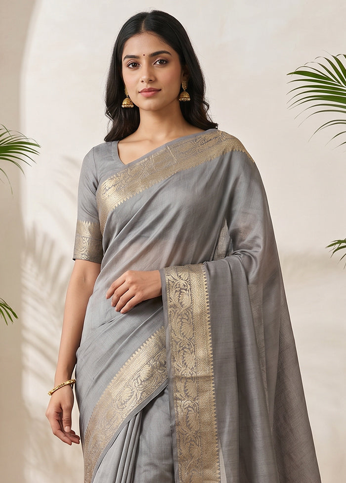 Grey Handloom Dupion Pure Silk Saree With Blouse Piece
