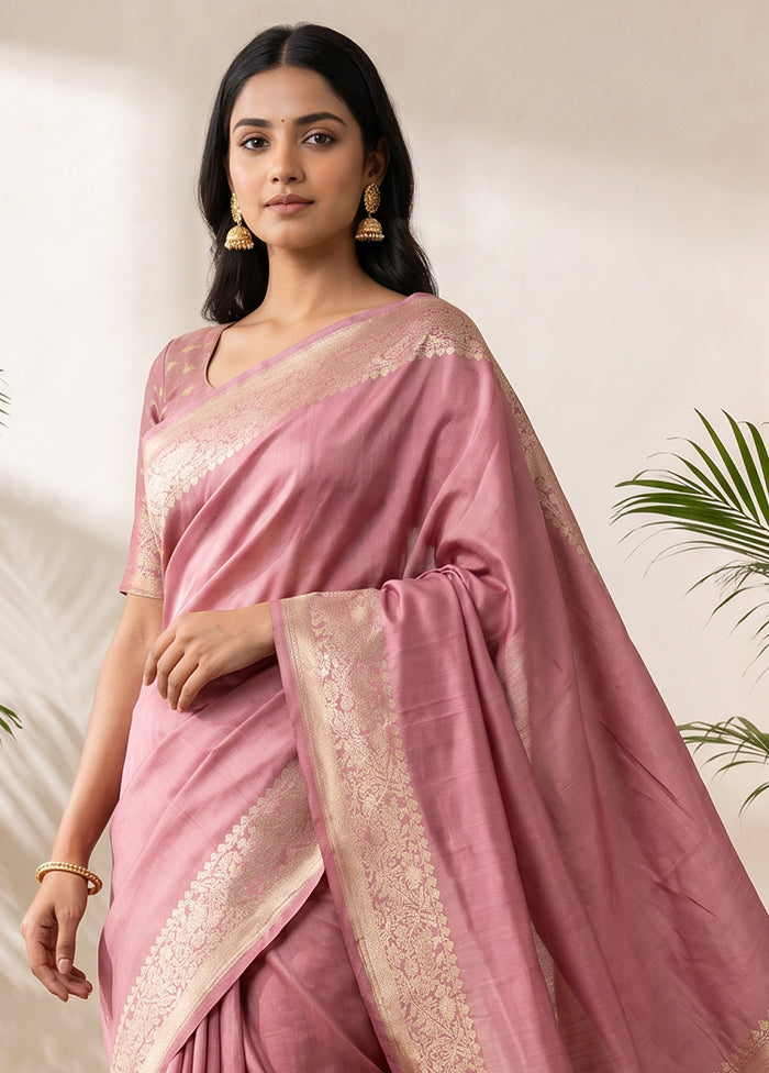 Pink Handloom Dupion Pure Silk Saree With Blouse Piece