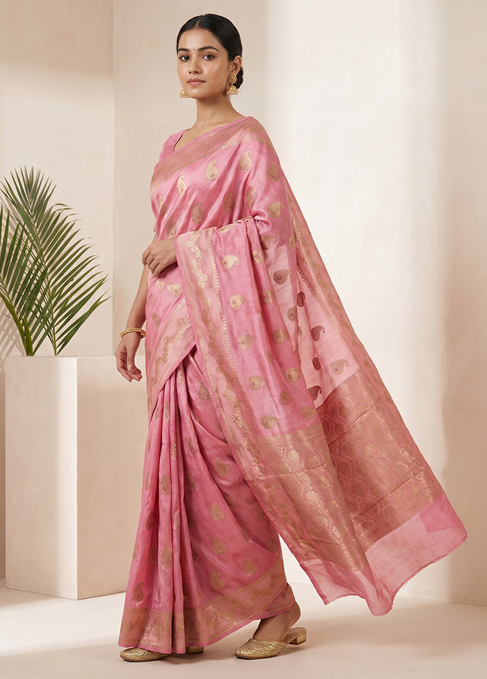 Pink Handloom Dupion Pure Silk Saree With Blouse Piece