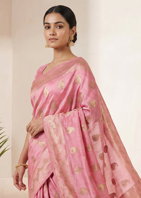 Pink Handloom Dupion Pure Silk Saree With Blouse Piece