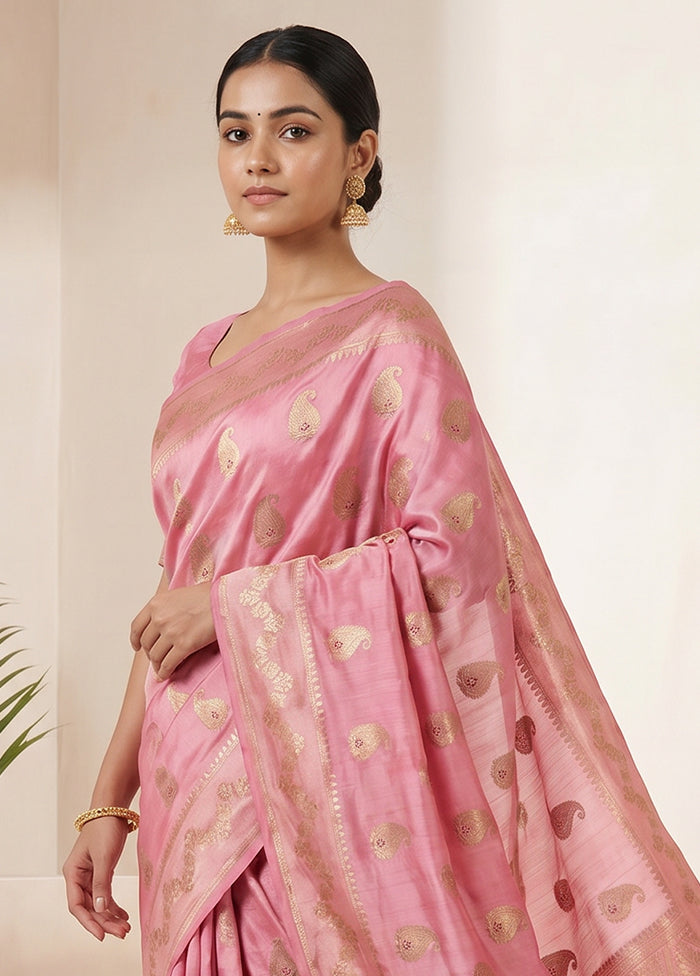 Pink Handloom Dupion Pure Silk Saree With Blouse Piece