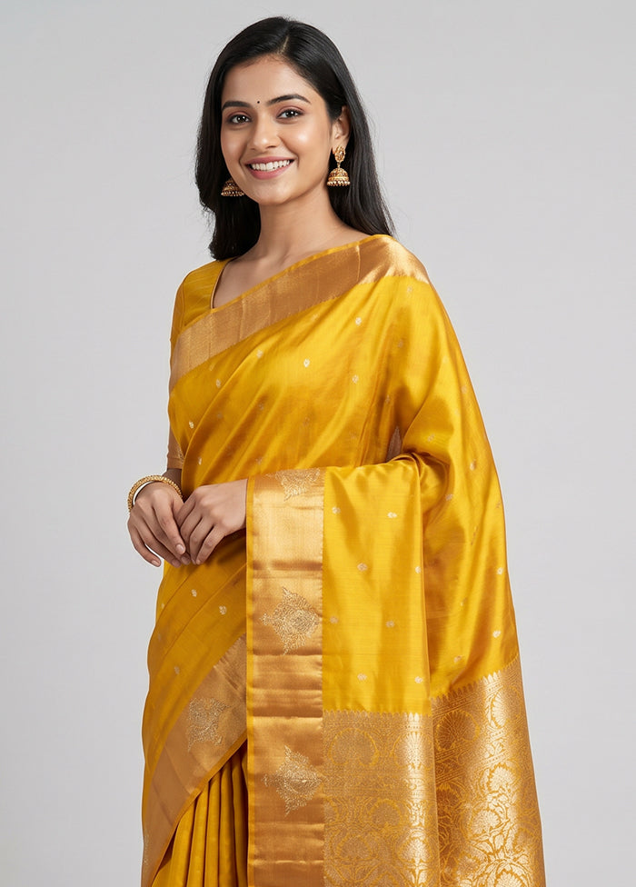 Yellow Handloom Dupion Pure Silk Saree With Blouse Piece