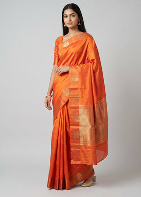 Orange Handloom Dupion Pure Silk Saree With Blouse Piece