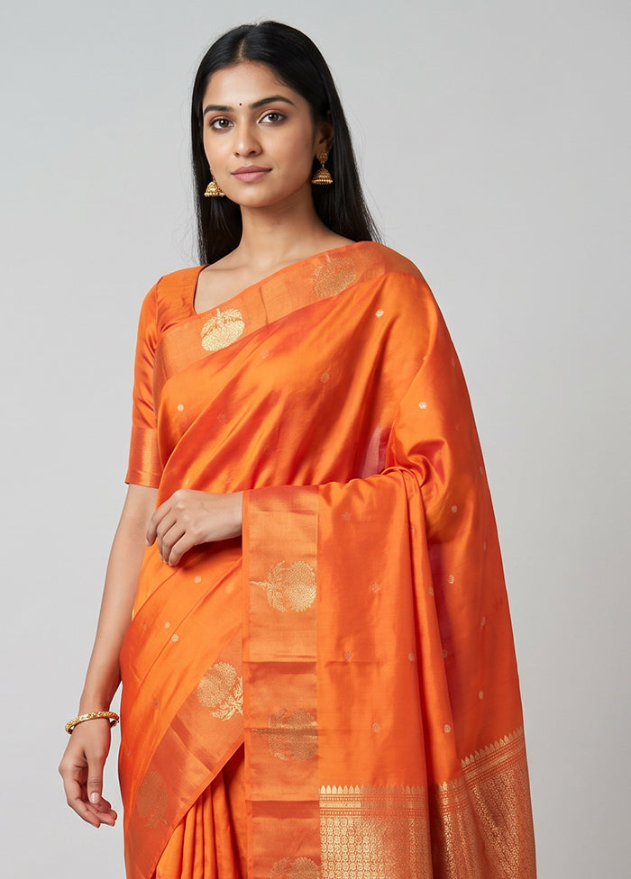 Orange Handloom Dupion Pure Silk Saree With Blouse Piece