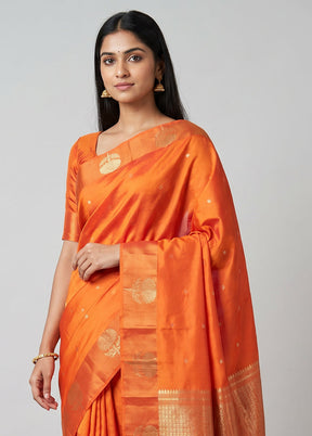 Orange Handloom Dupion Pure Silk Saree With Blouse Piece