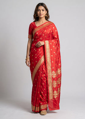 Red Handloom Katan Pure Silk Saree With Blouse Piece