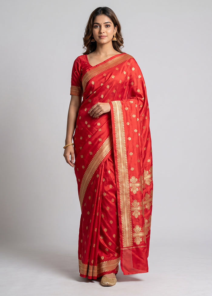 Red Handloom Katan Pure Silk Saree With Blouse Piece
