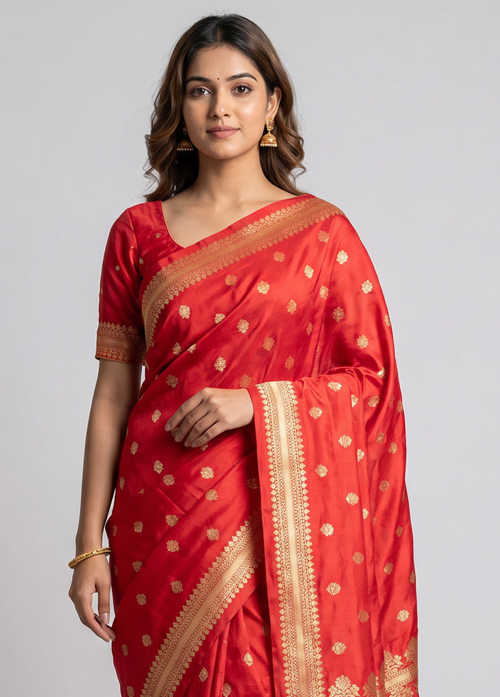 Red Handloom Katan Pure Silk Saree With Blouse Piece