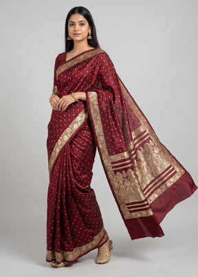 Maroon Handloom Banarasi Pure Silk Saree With Blouse Piece