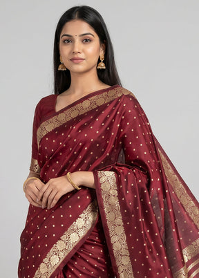 Maroon Handloom Banarasi Pure Silk Saree With Blouse Piece