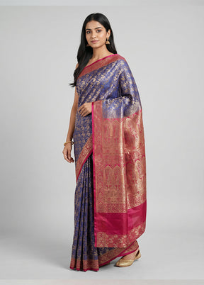 Blue Handloom Jamewar Pure Silk Saree With Blouse Piece