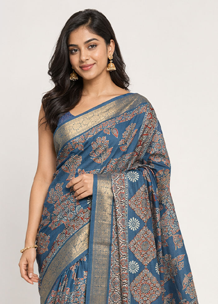 Blue Pure Cotton Saree With Blouse Piece