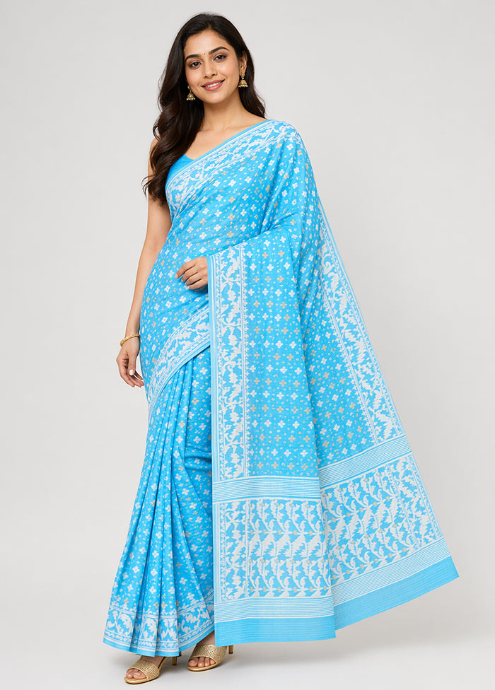 Blue Kora Silk Saree With Blouse Piece